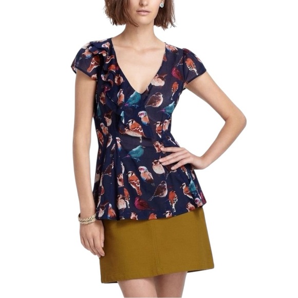 Anthropologie Tops - Anthropologie Meadow Rue Animal Kingdom Blue Bird Print Short Sleeve Top Size 6